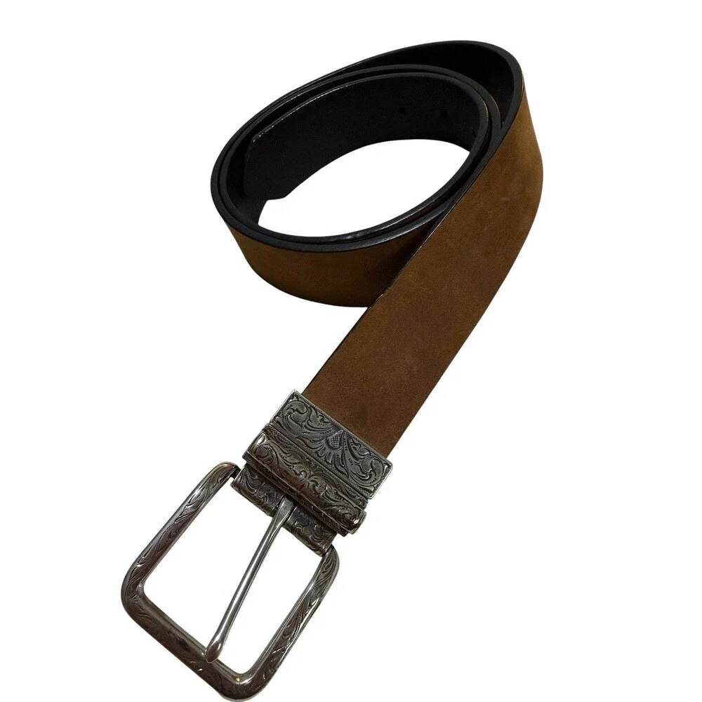 Reversible Western Belt Brown Black Engraved Swivel Buckle Size 40